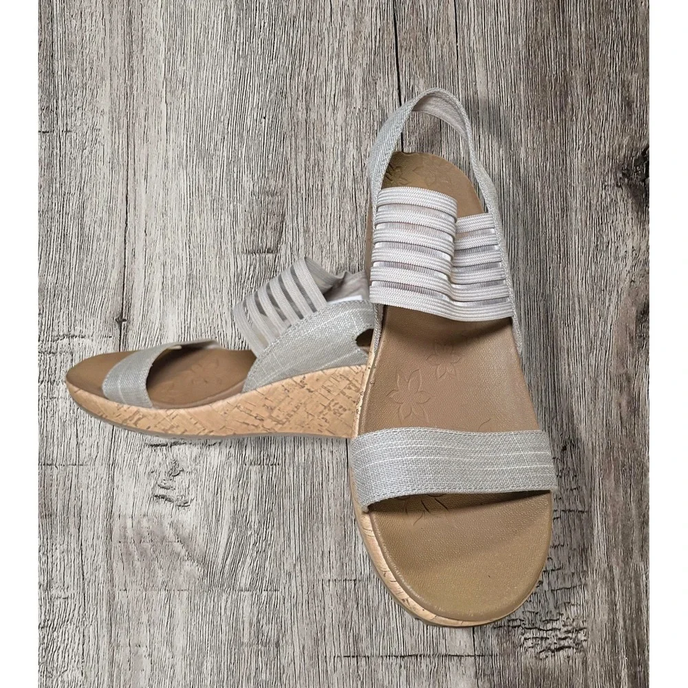 Skechers Brie Luxe Foam Womens 8 Glittery Taupe Slingback Platform Wedge Sandals